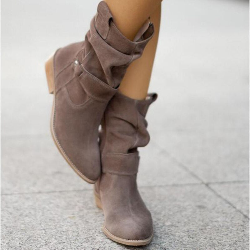 Women's Suede Ankle Boots - Slouchy Design, Low Heel and Buckle Strap Detail