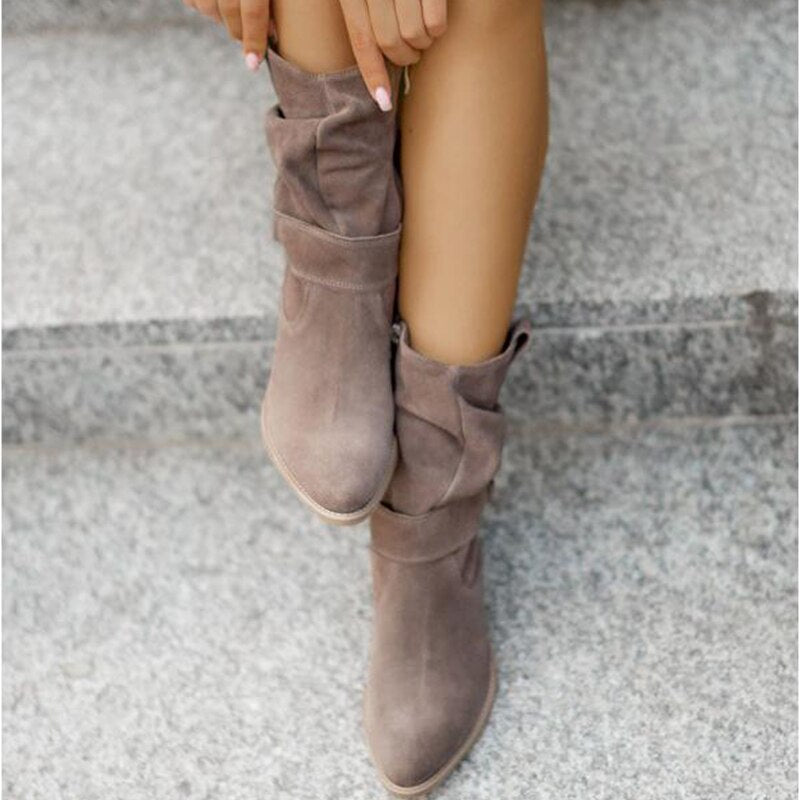 Women's Suede Ankle Boots - Slouchy Design, Low Heel and Buckle Strap Detail