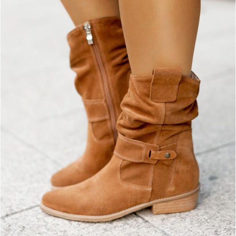 Women's Suede Ankle Boots - Slouchy Design, Low Heel and Buckle Strap Detail