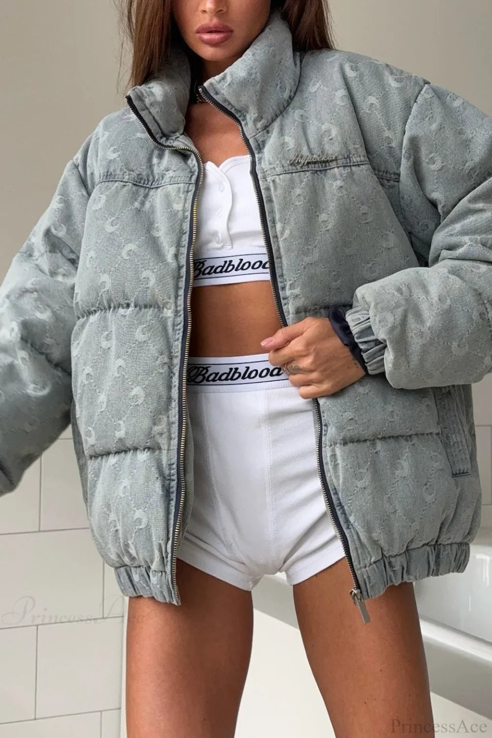 Casual Mao Collar Jacquard Crescent Print Animal Coat