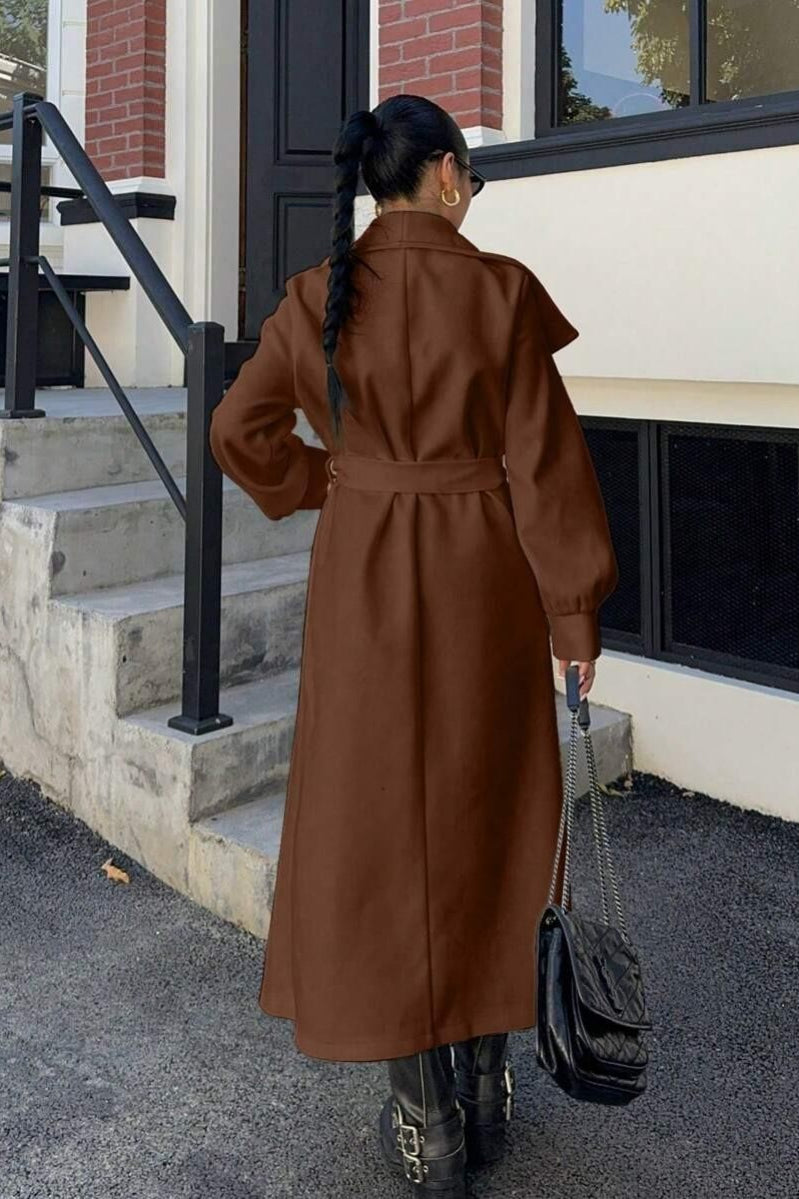 Oversized brown wool coat with elegant lapels