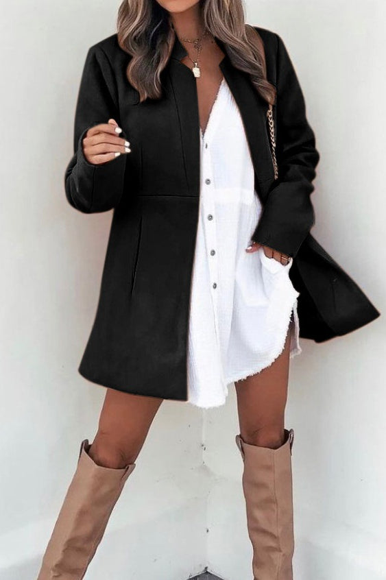 Elegant solid-colored long-sleeve brushed wool coat