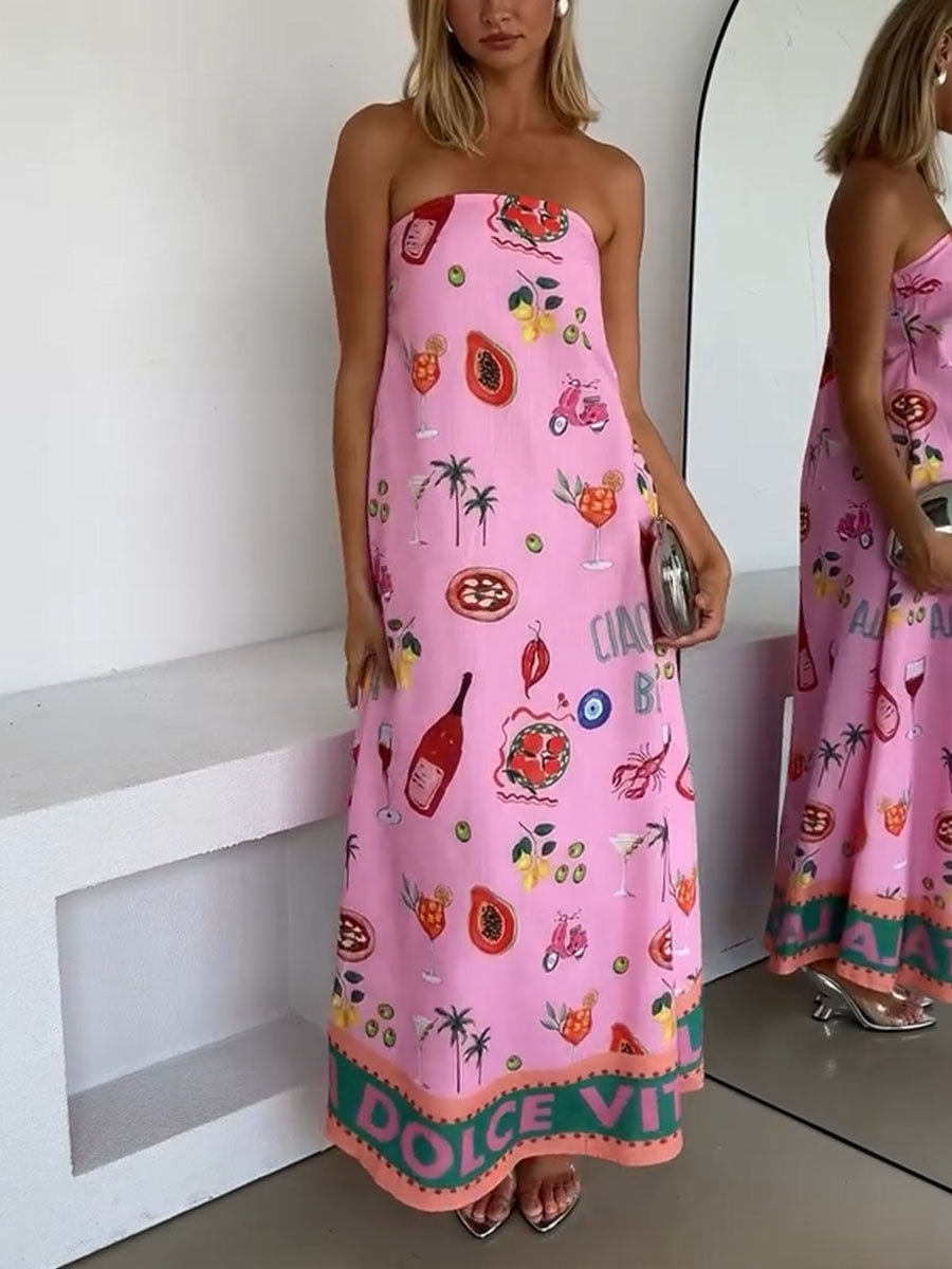 Pink Tube Summer Dress with Vacation Print for a Casual and Trendy Style