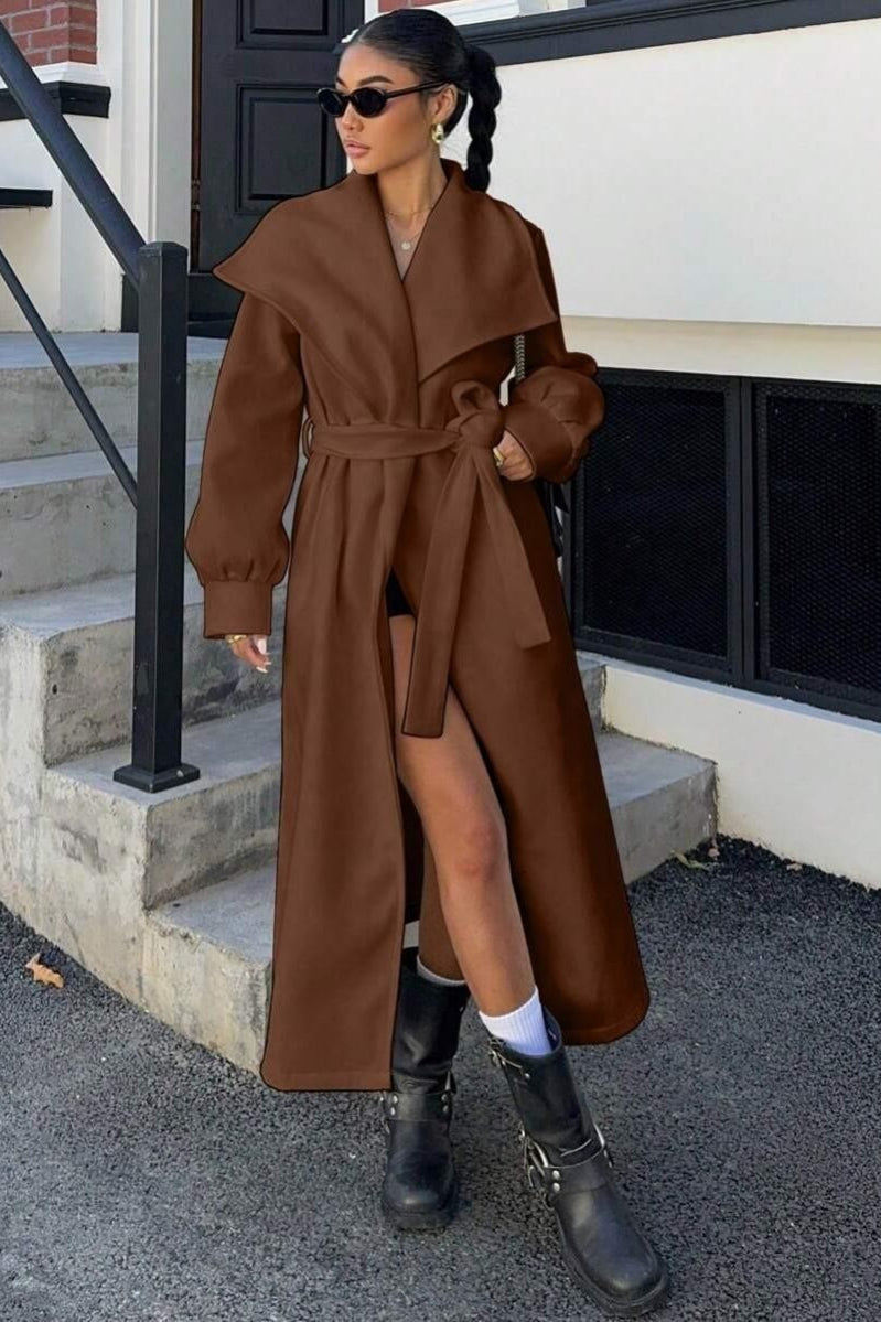Oversized brown wool coat with elegant lapels