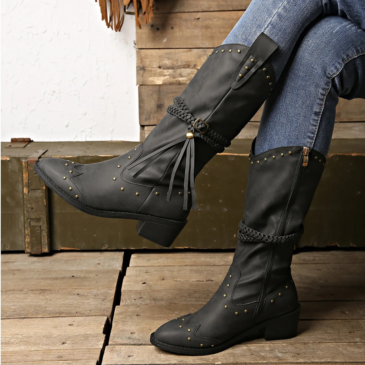 Women's Western Boots - Faux Leather, Studded Details, Braided Strap, Pointed Toe