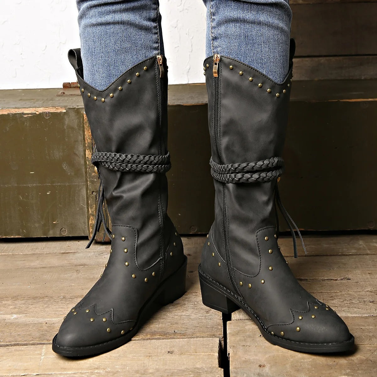 Women's Western Boots - Faux Leather, Studded Details, Braided Strap, Pointed Toe