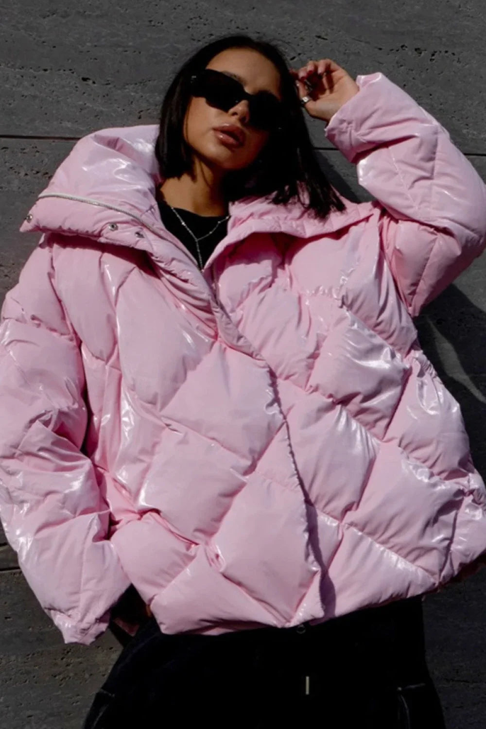 Oversized Reversible Coat with Large Diamond Quilted Mixed Mute and Matte Shine