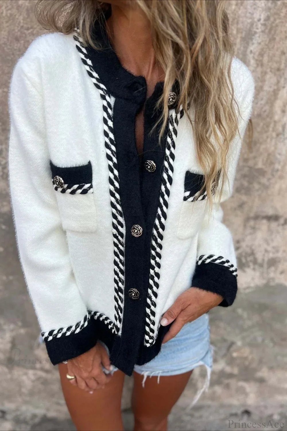 Elegant Wool Coat with Color Block Design, Buttons, and Subtle Pocket