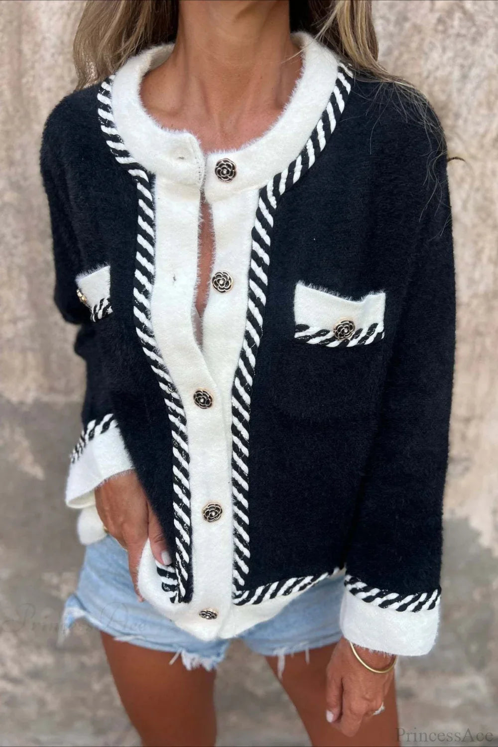 Elegant Wool Coat with Color Block Design, Buttons, and Subtle Pocket