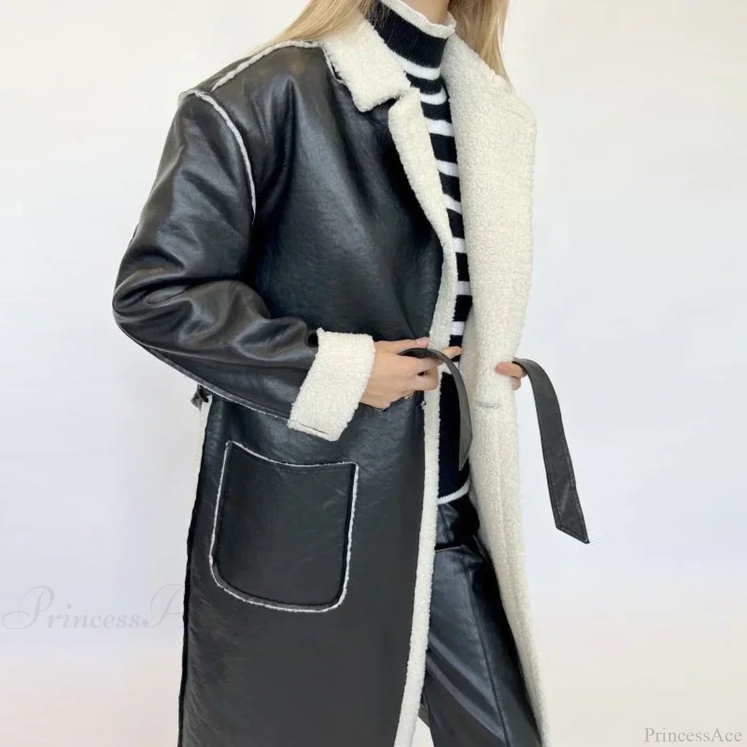 Maintain Your Style with Elegance in Winter: Sheep Wool and PU Leather Coat with Belt