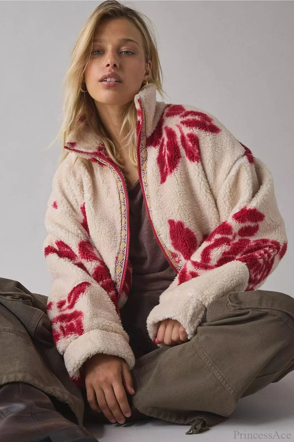 Ethnic Windbreaker with Stand Collar and Zipper