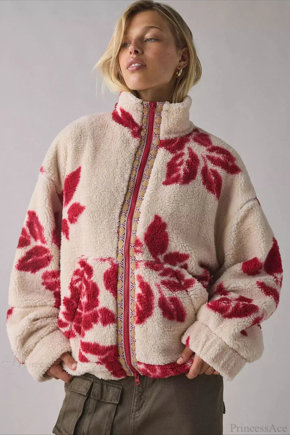 Ethnic Windbreaker with Stand Collar and Zipper