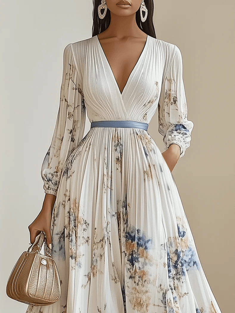 Pleated Silk Maxi Dress with V-Neck and Spring Floral Print