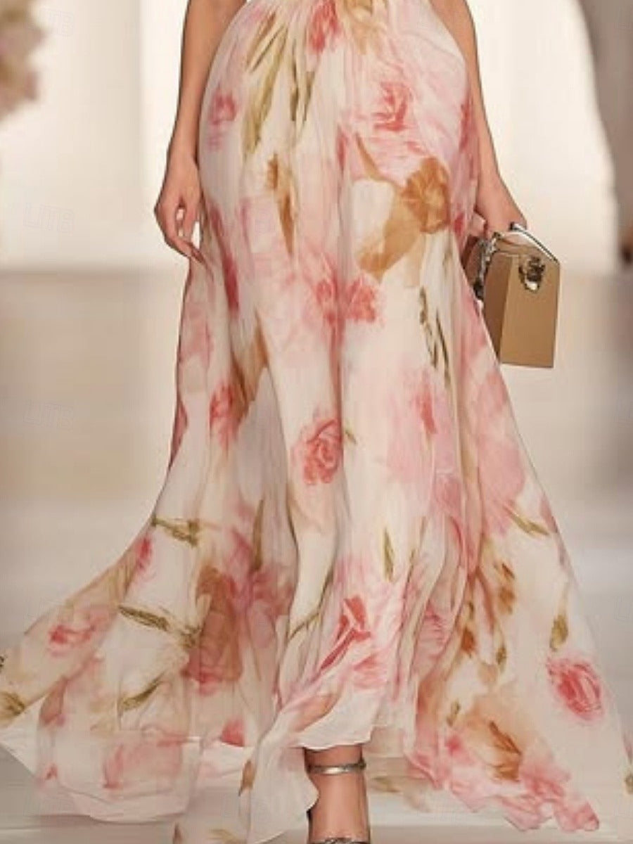 Casual Maxi Dress with Floral Print, V-Neck and Short Sleeves