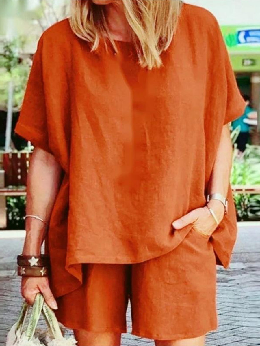 Short Sleeve Two-Piece Linen Set with Loose Shorts