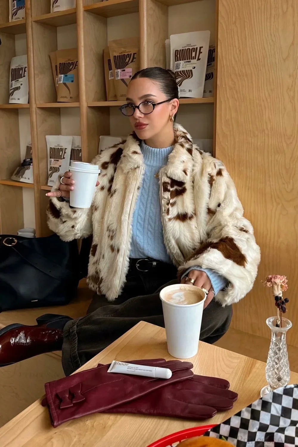 Warm faux fur coat with leopard print, cozy and elegant