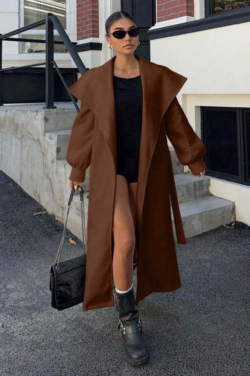 Oversized brown wool coat with elegant lapels