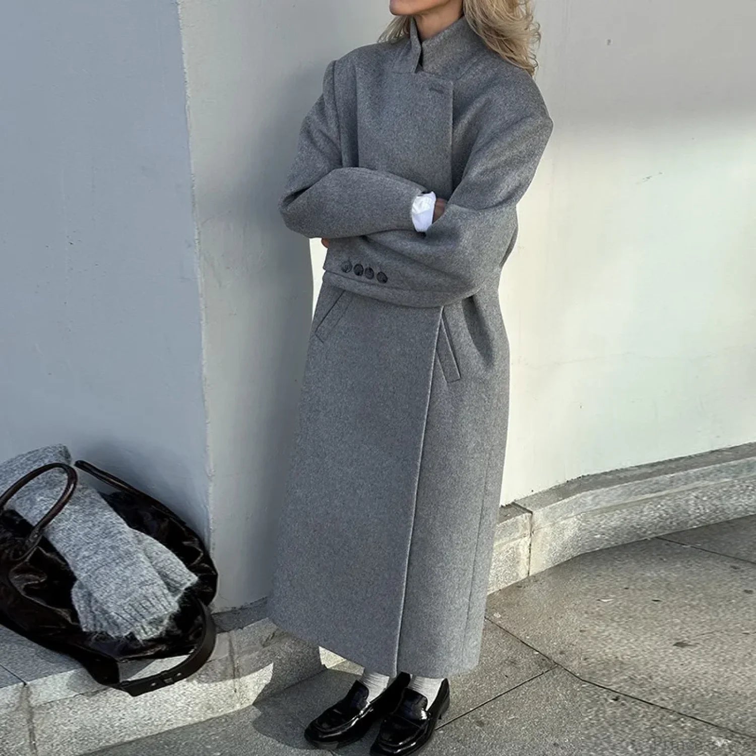 Men's Gray Casual Wool Coat with Turn-down Collar and Buttons