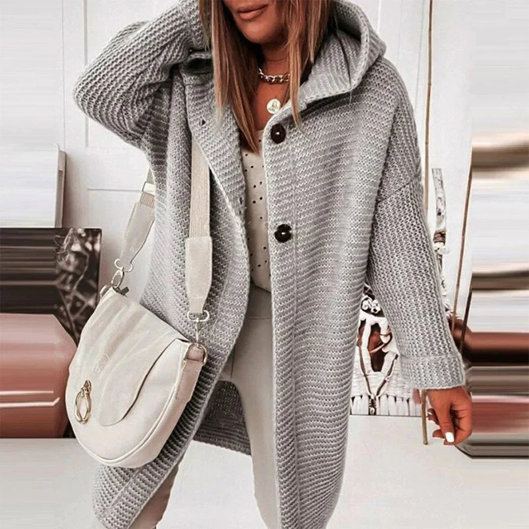 Women's Relaxed-Fit Hooded Cardigan Sweater with Long Sleeves