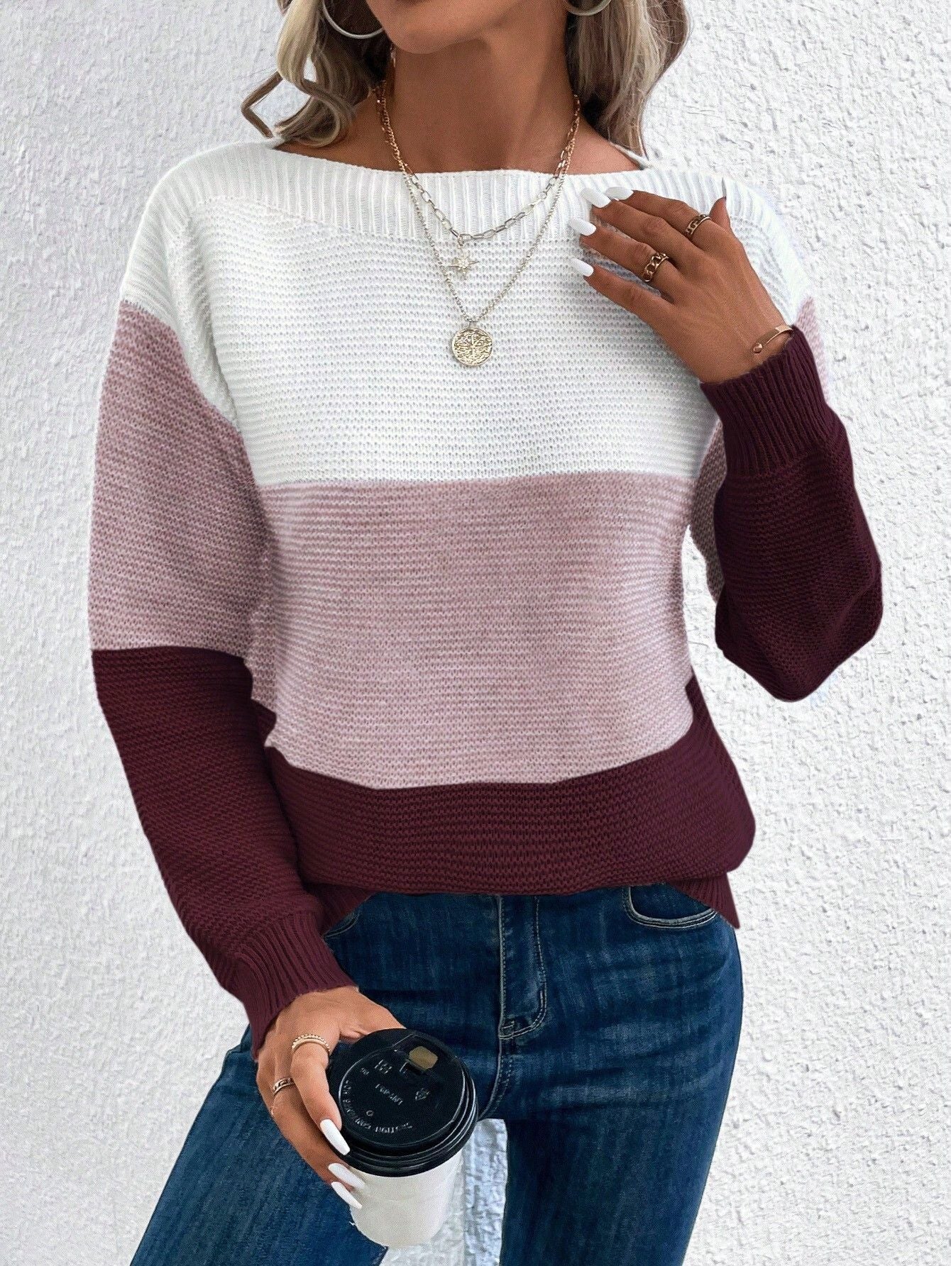 Stylish three-color women's knitted sweater for a fashionable look
