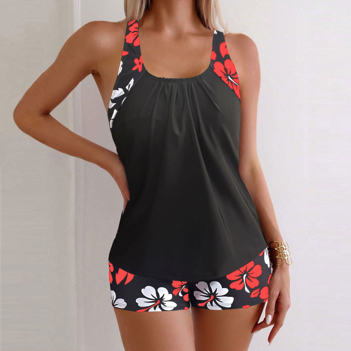 Camille Red Floral Tankini Set – Vibrant, Flattering Two-Piece Swimwear