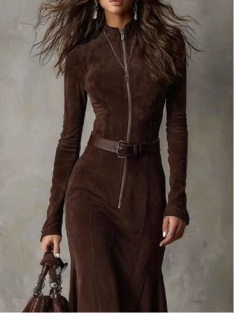 Vintage brown midi dress with zipper and elegant belt (belt included)