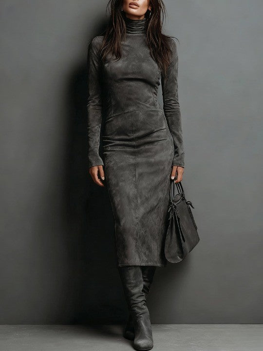 Elegant High-Collar Long-Sleeve Midi Dress made of Suede