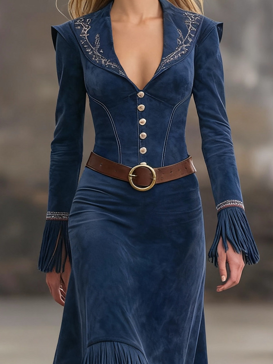 Elegant Retro Embroidered Maxi Dress with Tassels and Belt