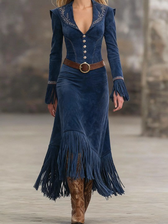 Elegant Retro Embroidered Maxi Dress with Tassels and Belt