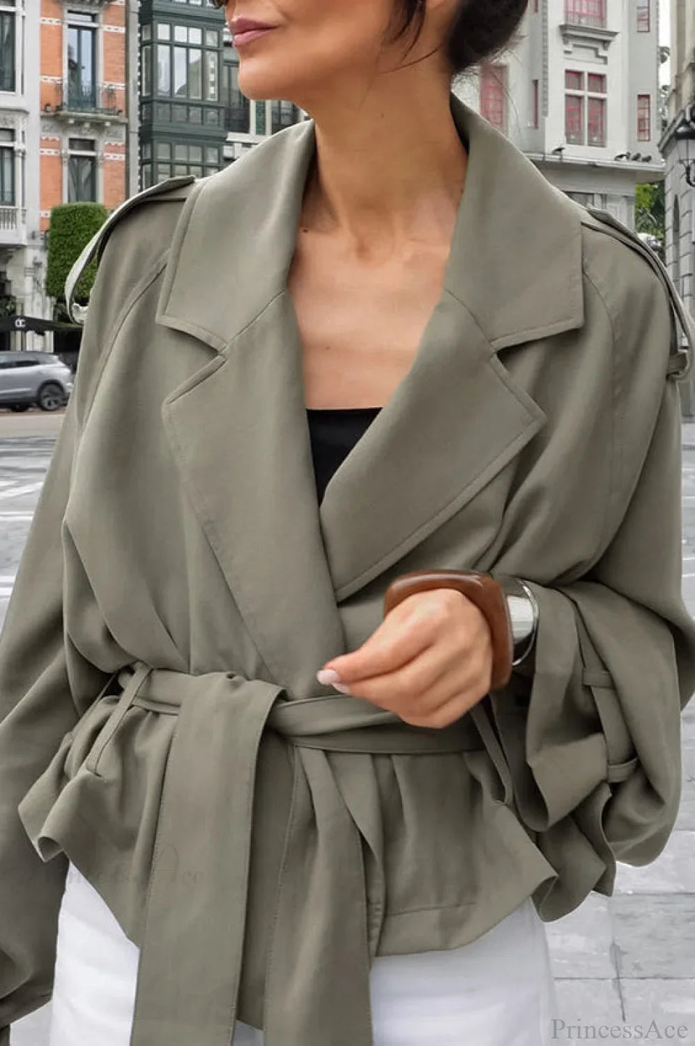 Casual Elegant Trench Coat with Wide Collar, Waist Belt, and Lazy Casual Style