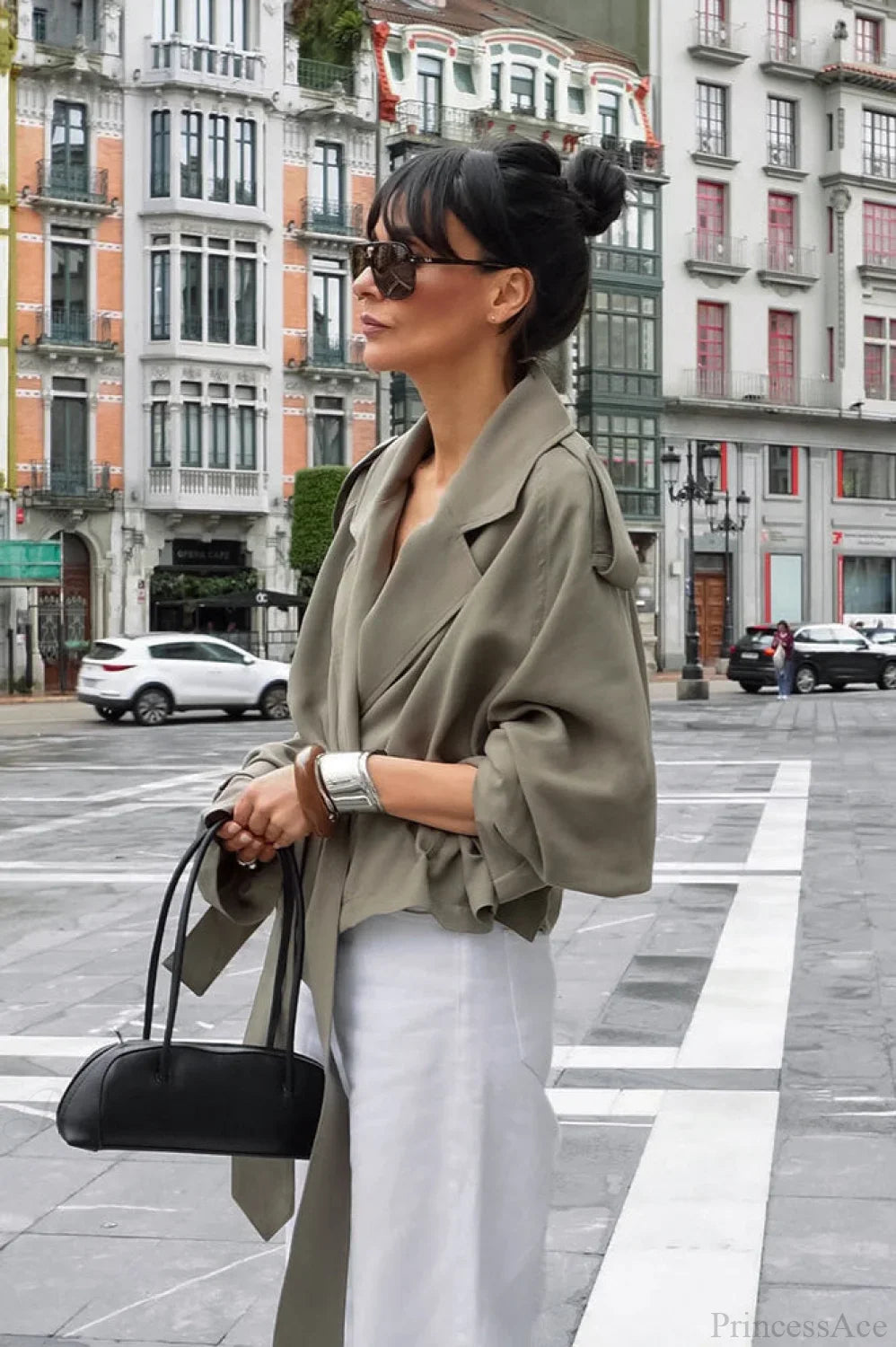 Casual Elegant Trench Coat with Wide Collar, Waist Belt, and Lazy Casual Style