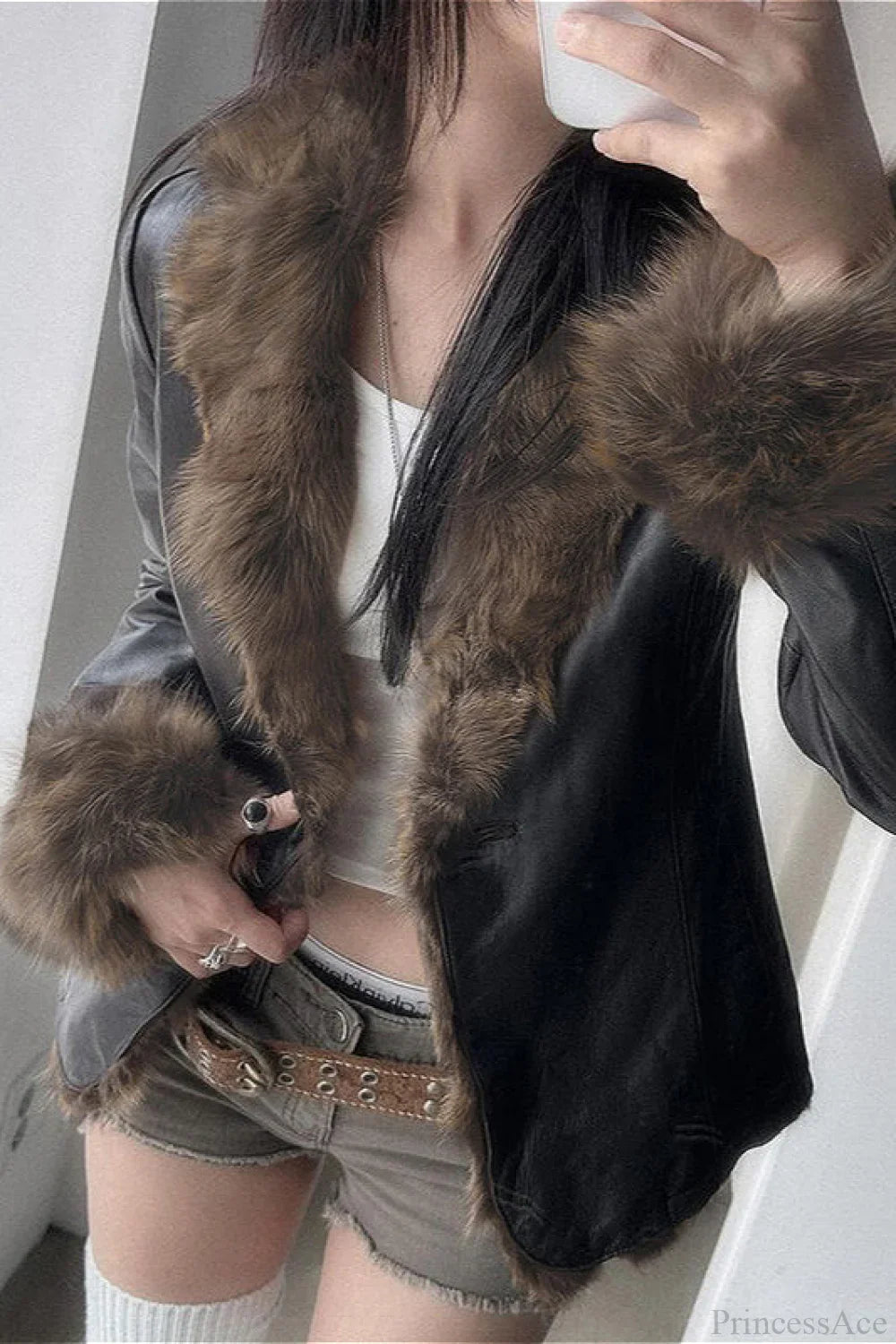 Fitted Warm Coat with Faux Leather Panel, Fur Trim, and Turtleneck