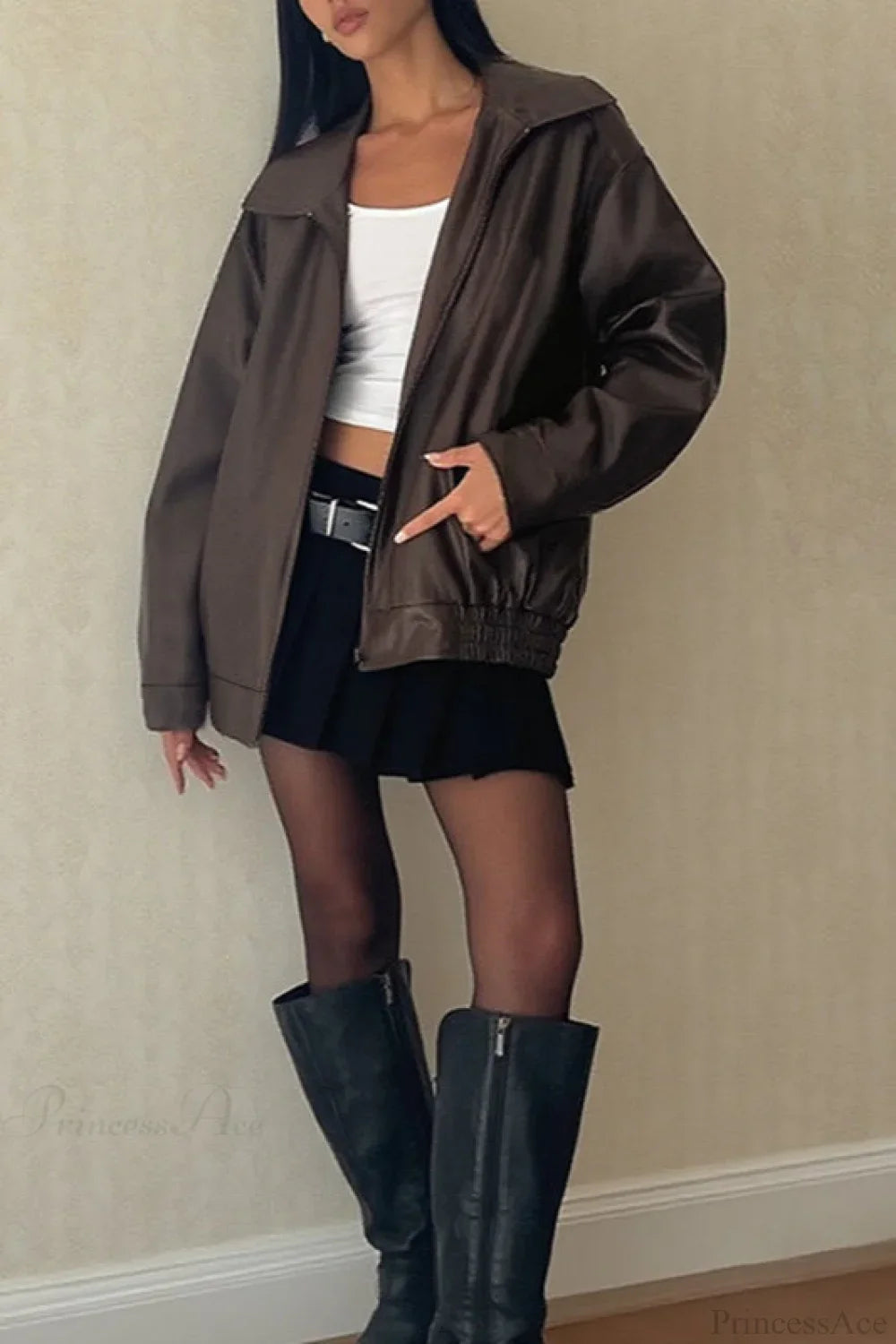 Casual Leather Coat with Long Sleeves and Zipper, Classic and Comfortable Style