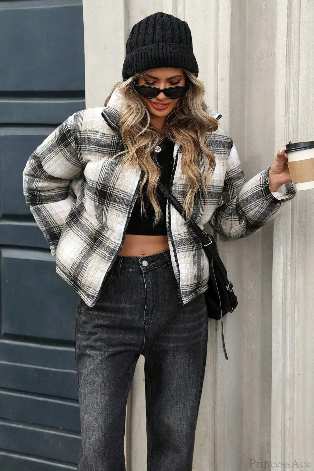 Casual Stylish Plaid Cropped Cotton Coat for Versatile Wear