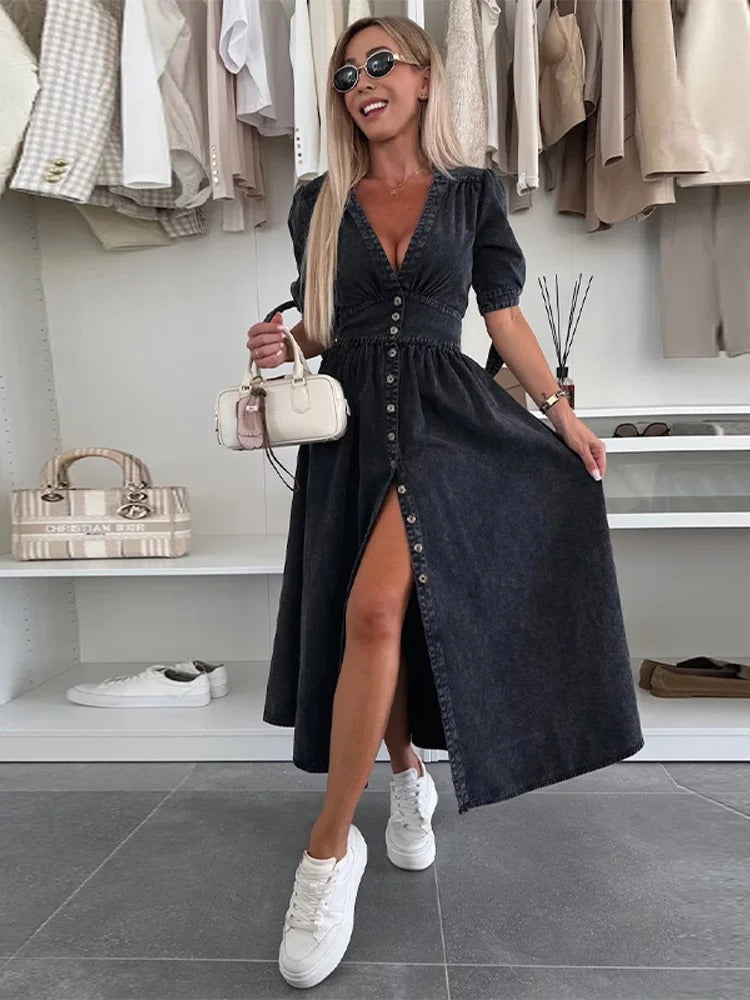 Clarina Dress: Deep V-Neck and Slit for a Bold, Elegant Look