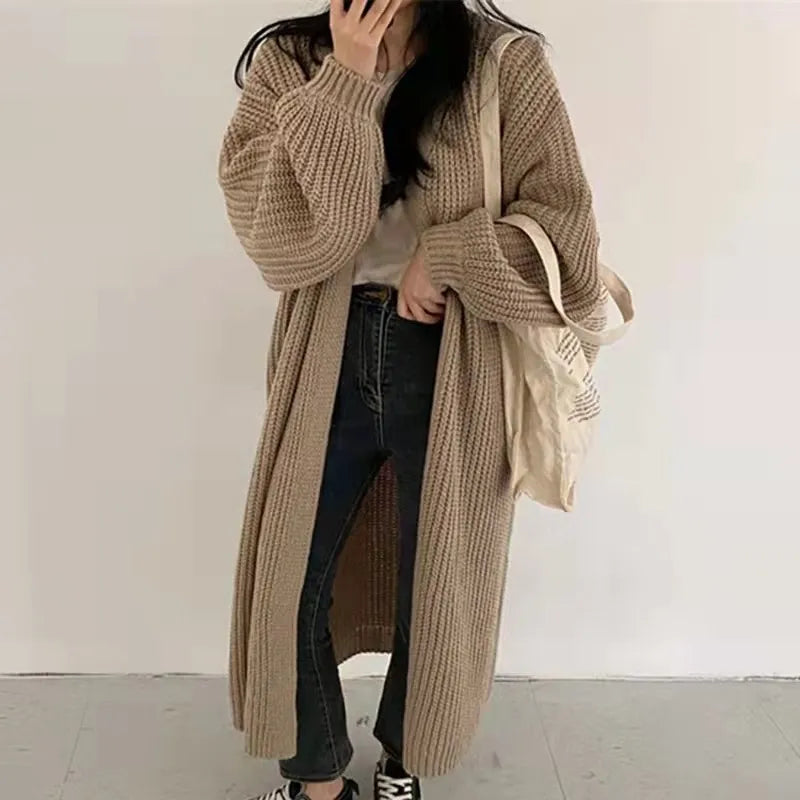 Chic Winter Long Sweater Coat with V-Neck and Striped Cardigan for Women