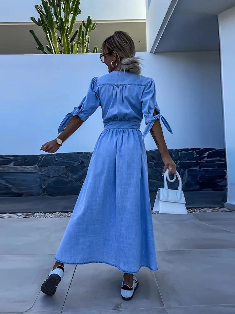 Clarina Dress: Deep V-Neck and Slit for a Bold, Elegant Look