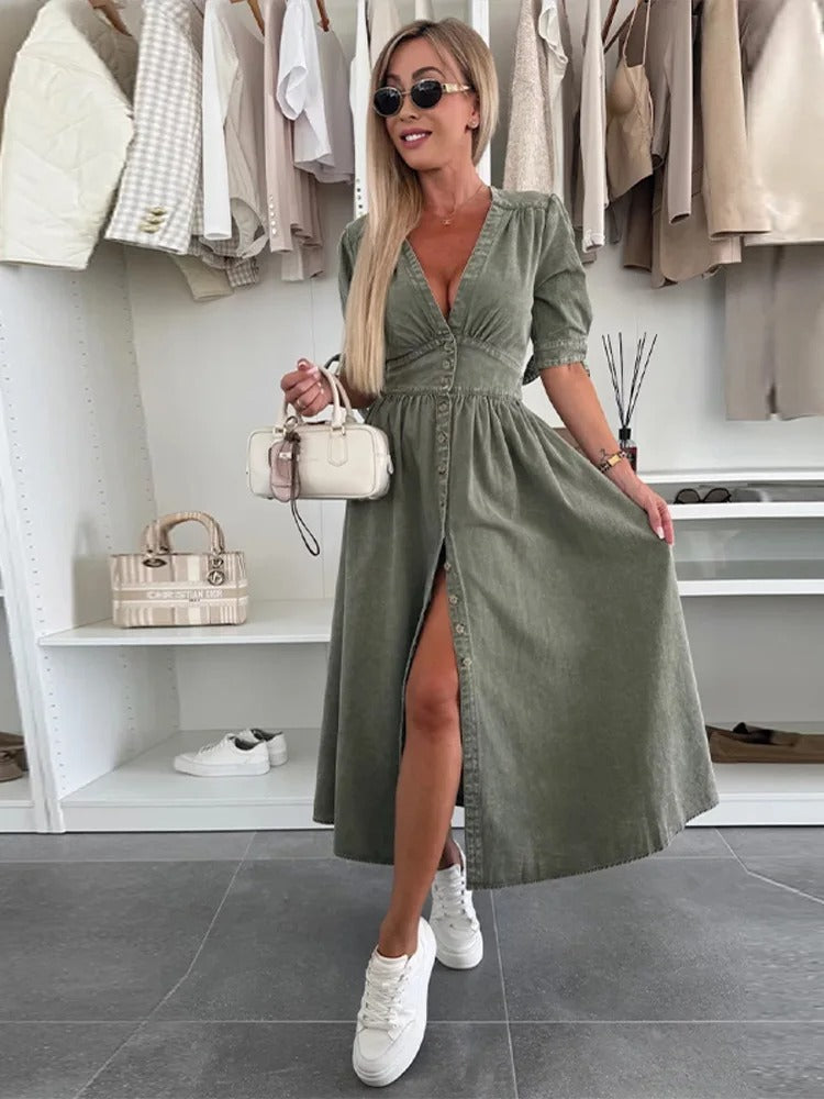 Clarina Dress: Deep V-Neck and Slit for a Bold, Elegant Look