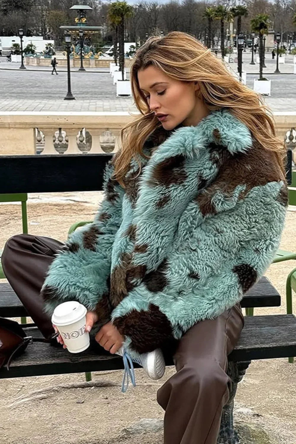 Stylish Multicolor Printed Long Sleeve Cropped Faux Fur Coat for a Trendy Look