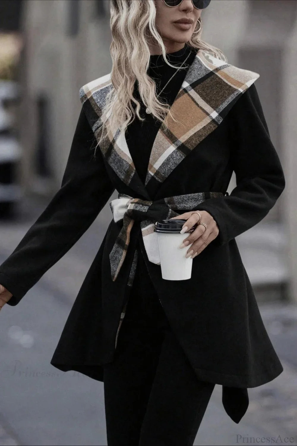 Casual Plaid Color Block Wool Coat with Waist Belt for Stylish Warmth