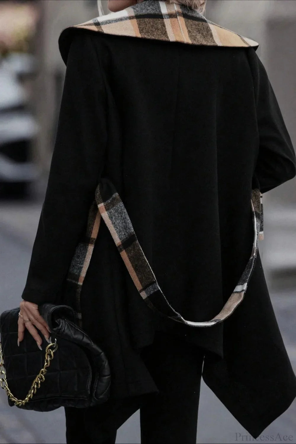 Casual Plaid Color Block Wool Coat with Waist Belt for Stylish Warmth