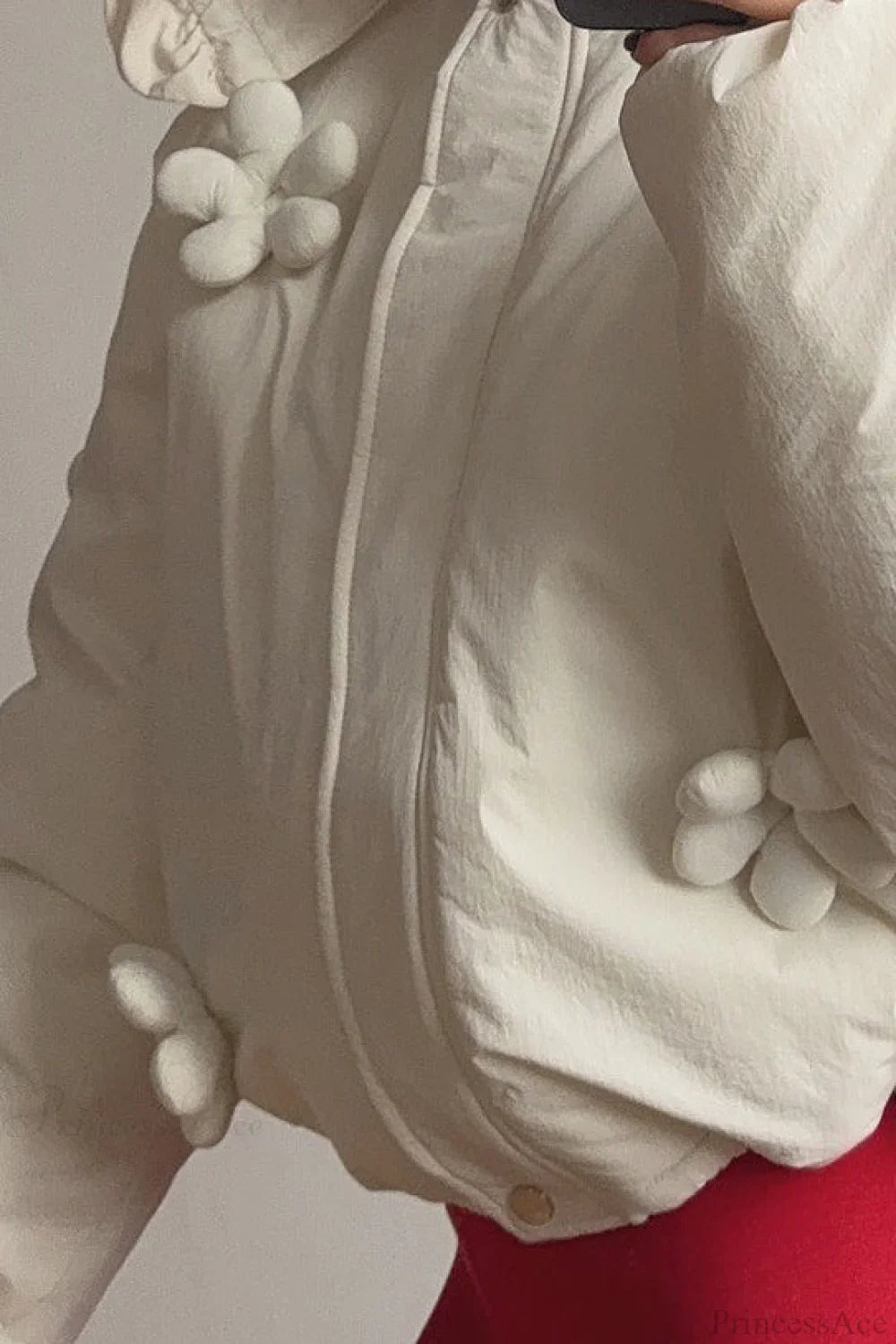 Casual Puffer Coat with Hood, Floral Trim Design