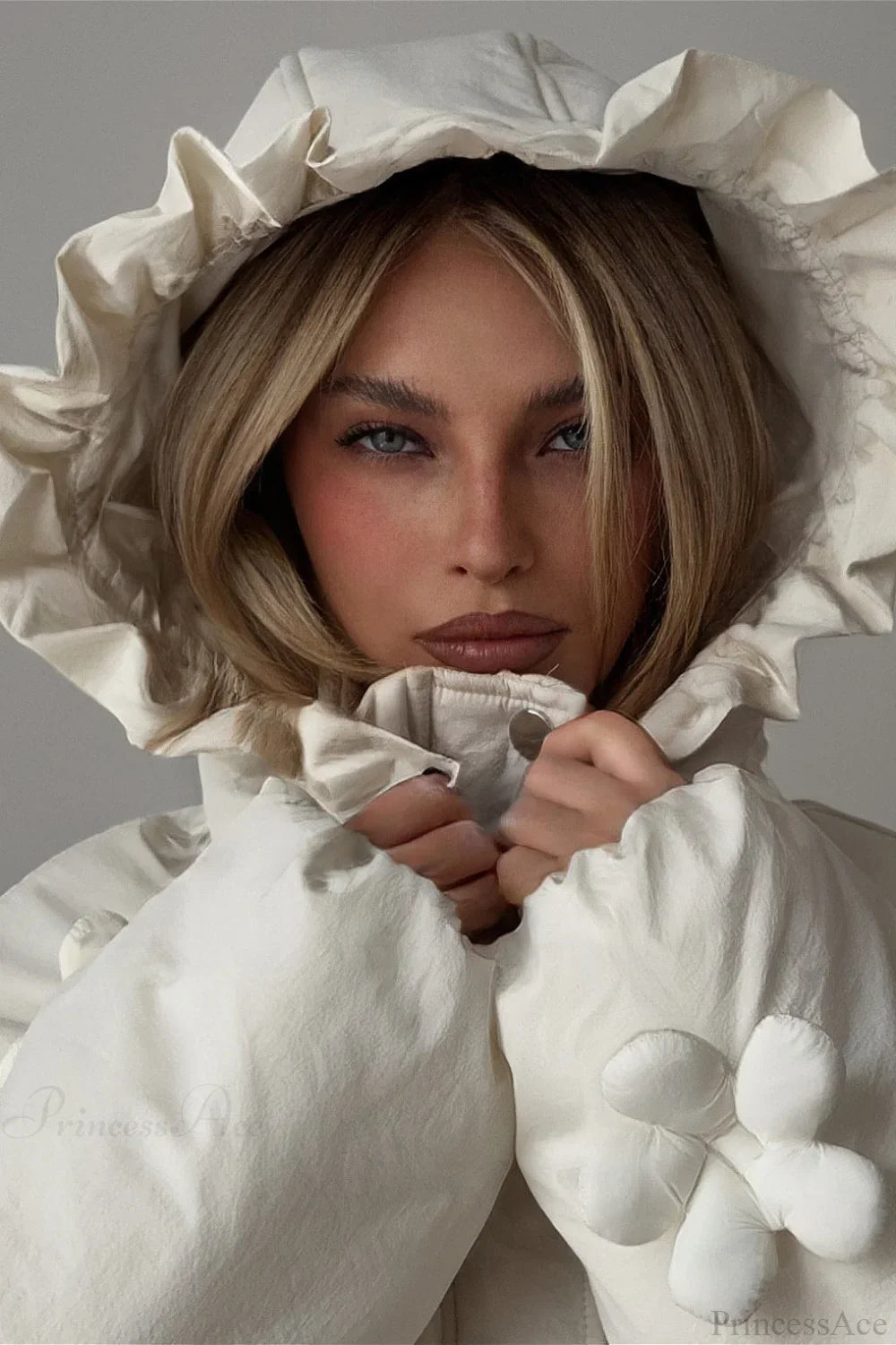 Casual Puffer Coat with Hood, Floral Trim Design