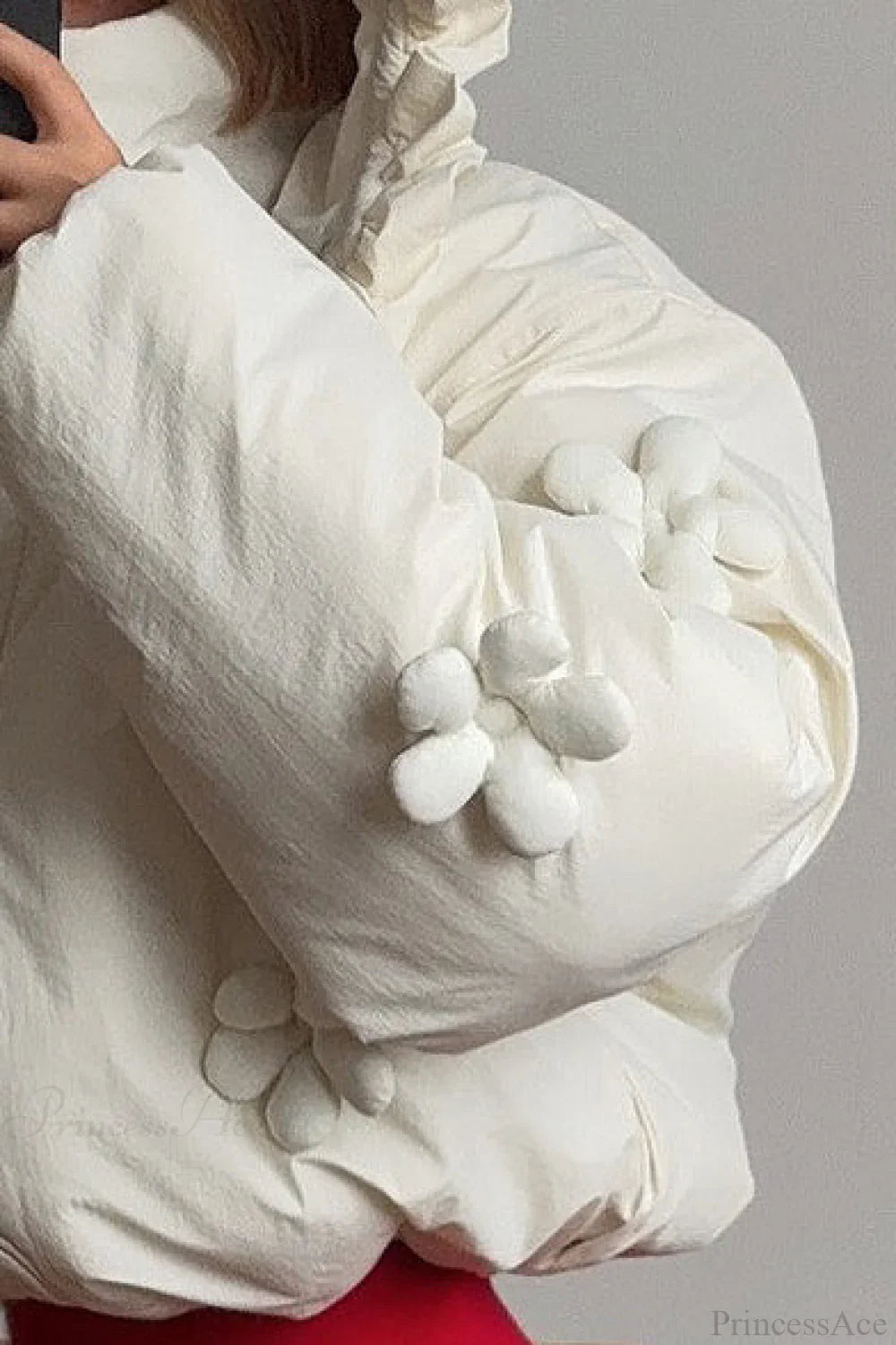 Casual Puffer Coat with Hood, Floral Trim Design