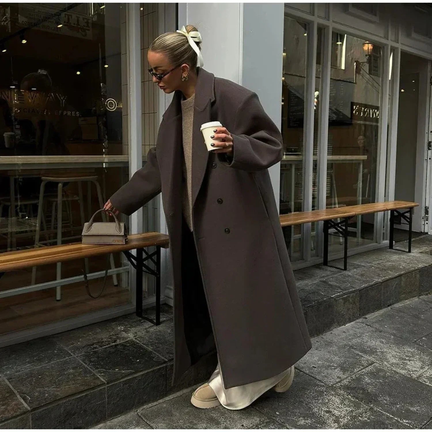 Double-breasted ribbed wool coat