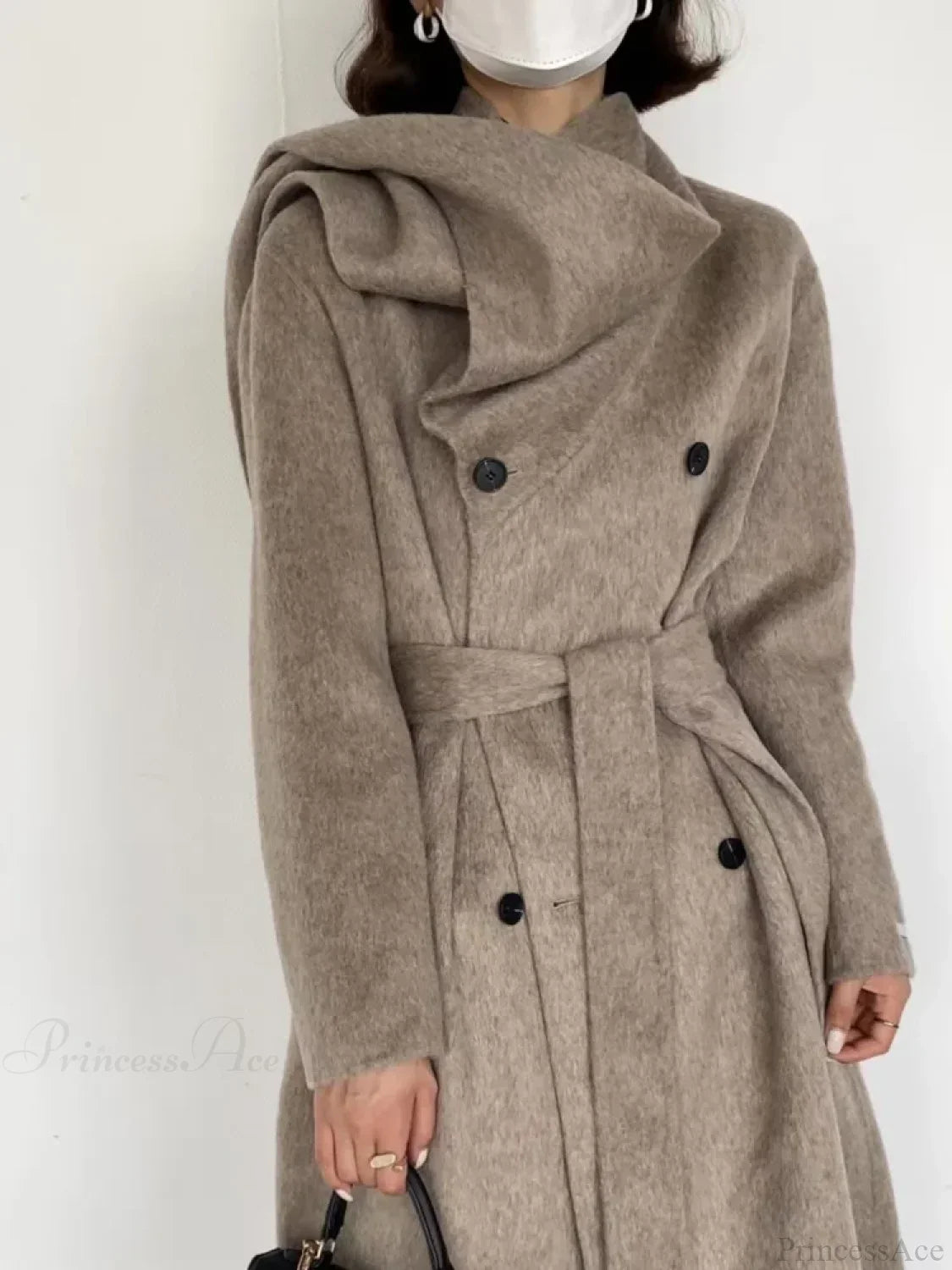 Double-breasted wool coat with scarf collar for a chic and warm style