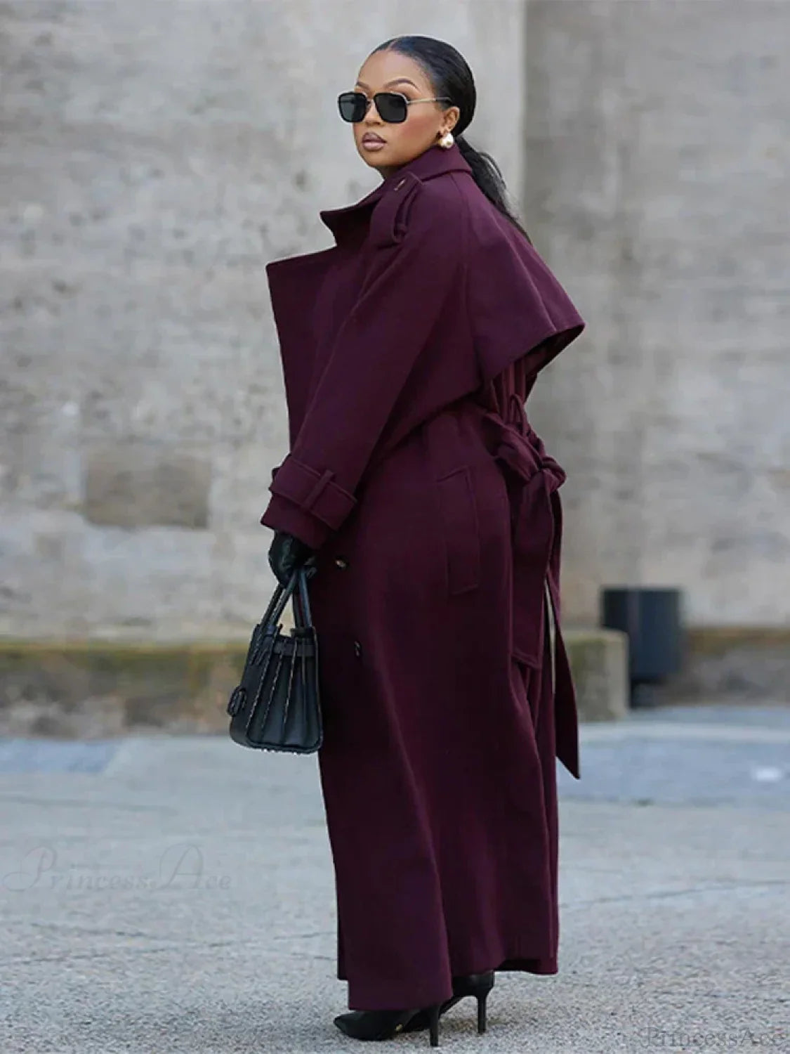 Casual Burgundy Wool Belted Overcoat for Elegant Street Style