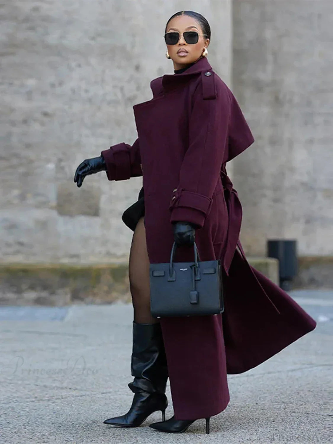 Casual Burgundy Wool Belted Overcoat for Elegant Street Style