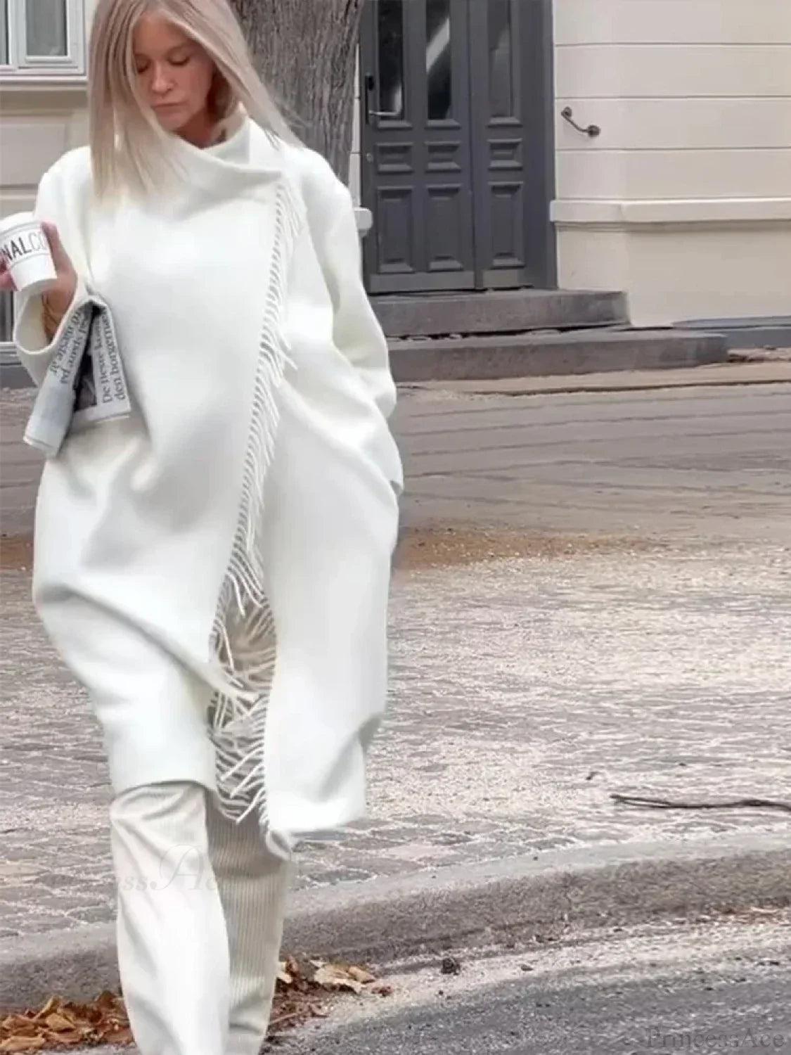 Oversized Eskimo Collar Coat with Fringes and Irregular Buttons