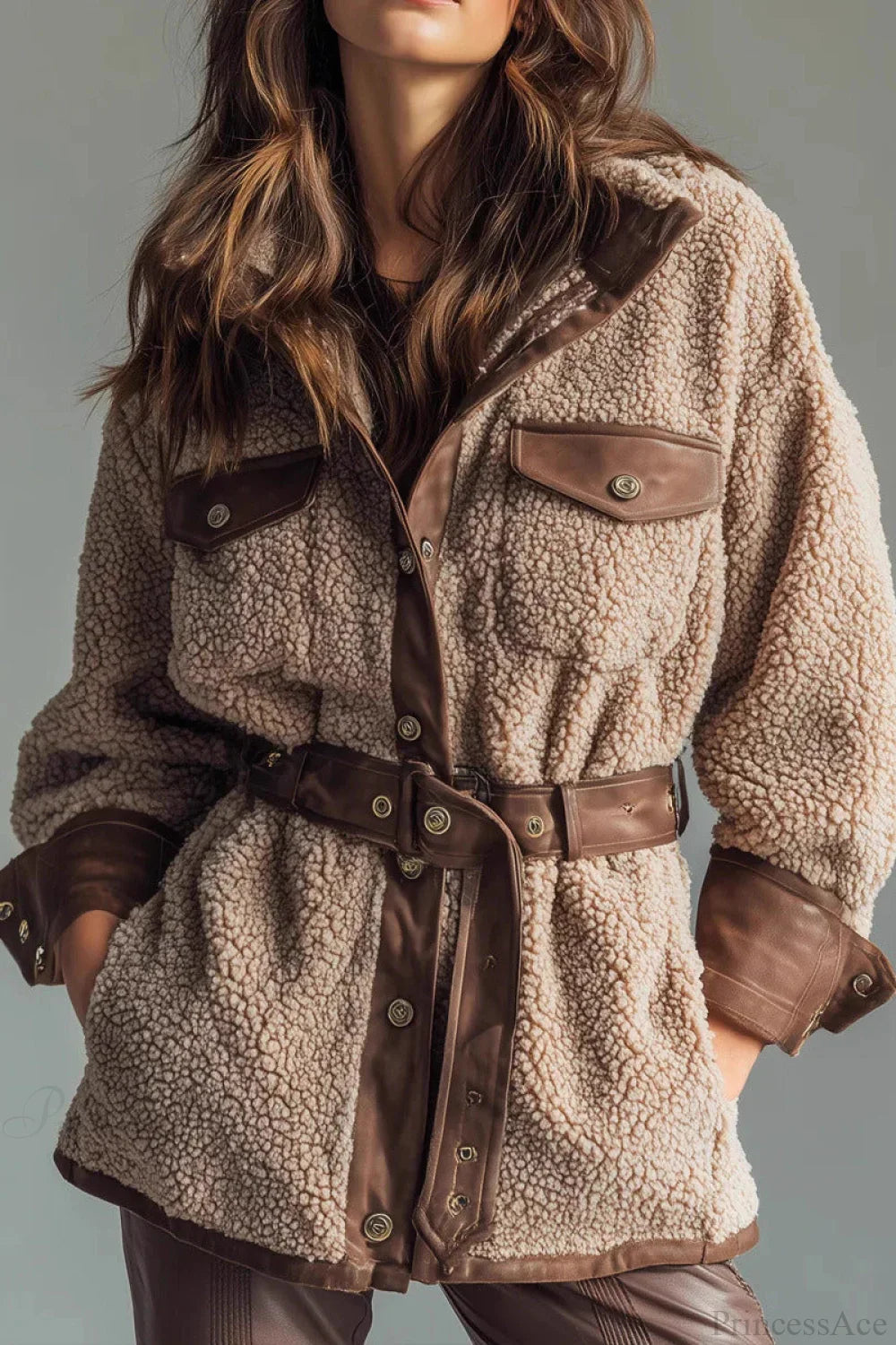 Thick Retro Wool Polar Fleece Jacket with PU Panels, Stylish Pocket and Belt